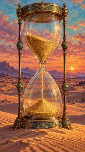 A tall antique hourglass stands on rippled desert dunes with golden sand pouring through its neck under an amber and rose sky at dusk with long shadows over the dunes.