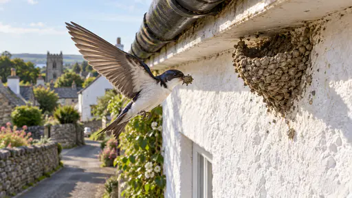 A house martin with spread wings hovers at a whitewashed cottage wall under the eave with a beakful of wet mud beside a half-built cup of grey mud pellets in bright midday light.