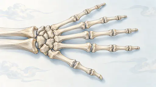 The bones of an adult human hand and wrist splayed palm down with carpals, metacarpals and phalanges in fine-line ink and soft ivory shading.