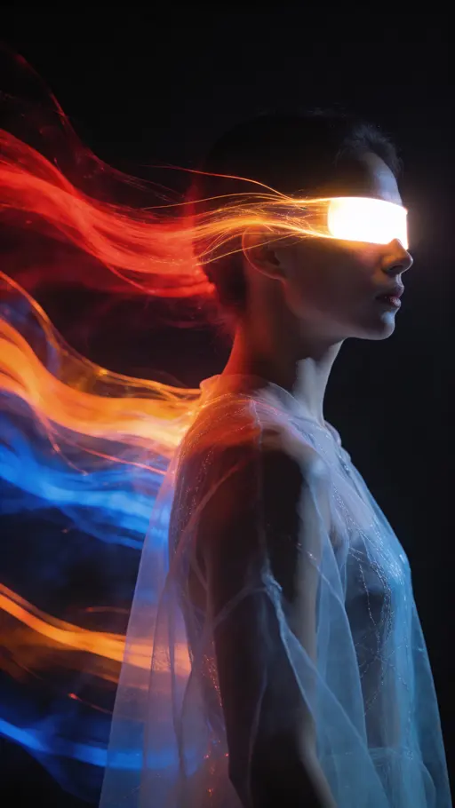 Ultra-realistic side-profile portrait of a human whose face partially dissolves into flowing luminous energy streams with a glowing visor, red‑orange‑blue trails, translucent fabric, and a dark minimal background in moody cinematic lighting