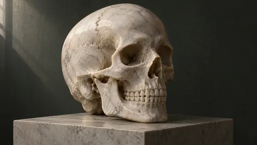 An adult human skull carved in pale veined marble seen in three-quarter view on a plain stone plinth in soft gallery window light.