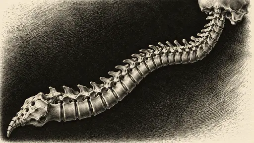 An adult human spine in side view with its natural S-curve from the skull base to the tailbone in black and white line wood engraving.