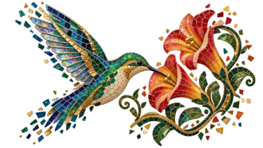 A glass-and-ceramic mosaic slice of a hummingbird hovering among trumpet flowers, its tesserae scattering into loose tiles on transparency.
