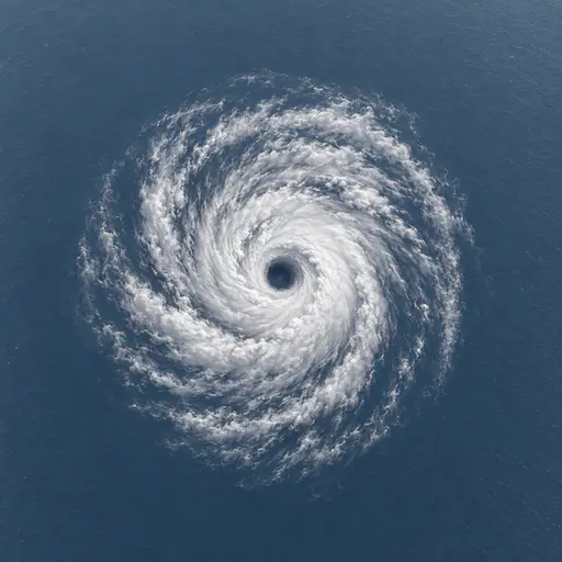 Eye of the storm: an overhead hurricane whose spiral white and slate cloud bands form an iris around a dark calm center, surrounded by blue-gray water.