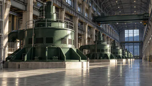 The long hall of a hydroelectric station has a receding row of large green generator housings with steel gantry rails overhead and polished concrete beneath in an industrial photograph with hard overhead light.