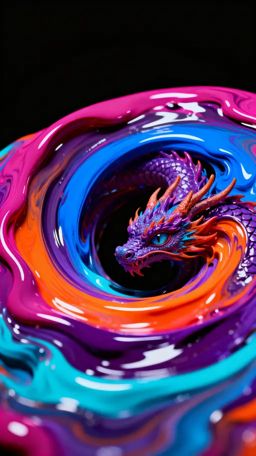 A hyper-realistic abstract swirl of molten paint in vivid magenta, deep fuchsia, electric blue, radiant orange, rich purple, and subtle cyan, flowing over a pure matte black background. Smooth, fluid, glossy textures like polished liquid,形成