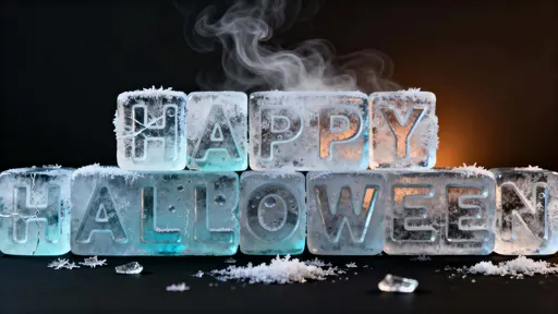 Photoreal 3D scene of “HAPPY HALLOWEEN” carved into frosted ice slabs on a matte black plane, cool blue-white highlights and faint warm amber rim create a crisp, wintry mood.
