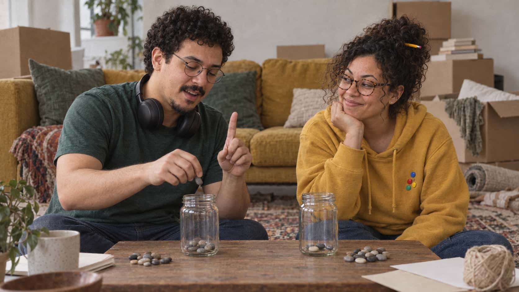 A tall man with round glasses and headphones counts with a raised finger beside a woman with round glasses and a curly bun resting her chin on her fist as they tally a score with pebbles in two plain jars on a rug with boxes and cushions behind.