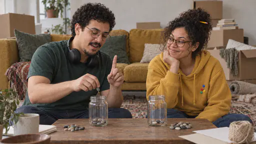 A tall man with round glasses and headphones counts with a raised finger beside a woman with round glasses and a curly bun resting her chin on her fist as they tally a score with pebbles in two plain jars on a rug with boxes and cushions behind.
