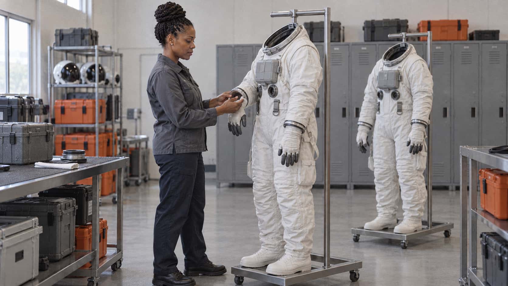 A tall woman with tight twists in a high knot in a grey work jacket presses the cuff ring of a glove on a plain white one-piece flight suit hanging from a steel stand beside a second suit and grey equipment lockers in bright even light.