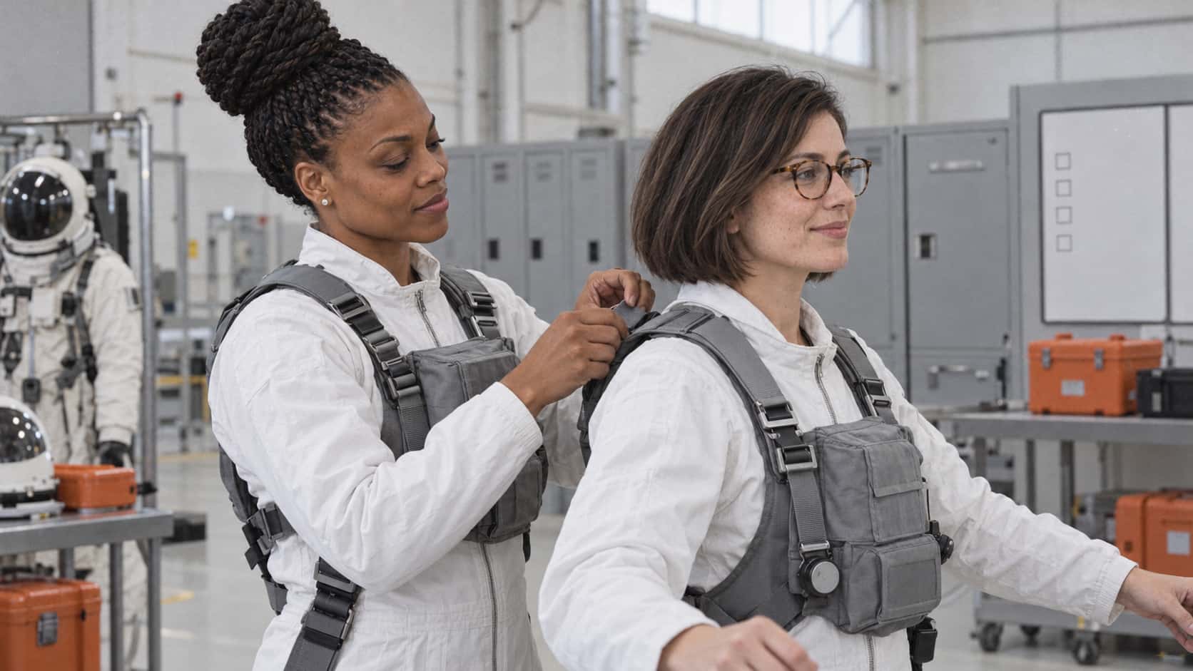 A tall woman with tight twists in a high knot in a white flight suit fastens the strap of a grey chest pack across the shoulders of a slim woman with a dark bob and round glasses in a white flight suit in bright even hall light.