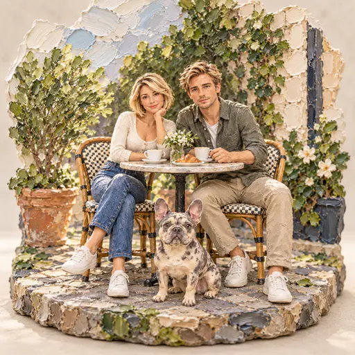Miniature impasto diorama of a couple with a French bulldog at a cafe table on a painted oval base