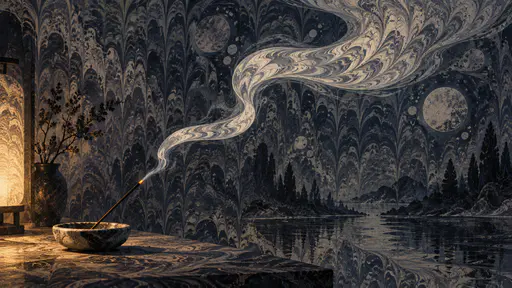 A stick of incense in a small ceramic holder sends one long S-curved smoke ribbon upward as combed pearl and ivory marbling bands on deep indigo.