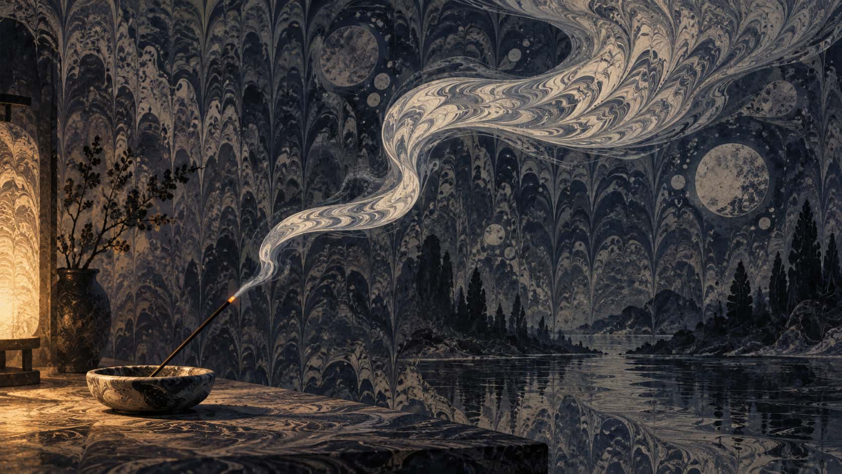 A stick of incense in a small ceramic holder sends one long S-curved smoke ribbon upward as combed pearl and ivory marbling bands on deep indigo.