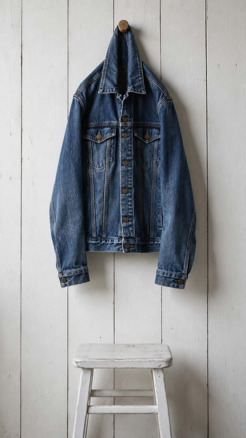 A plain worn indigo denim jacket with brass buttons hangs by its collar from a wooden peg on a whitewashed plank wall in an editorial photograph.