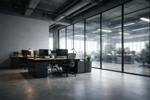 A composed architectural photograph of an industrial office interior with a full-height glass wall revealing out-of-frame production activity, designed for poster use.