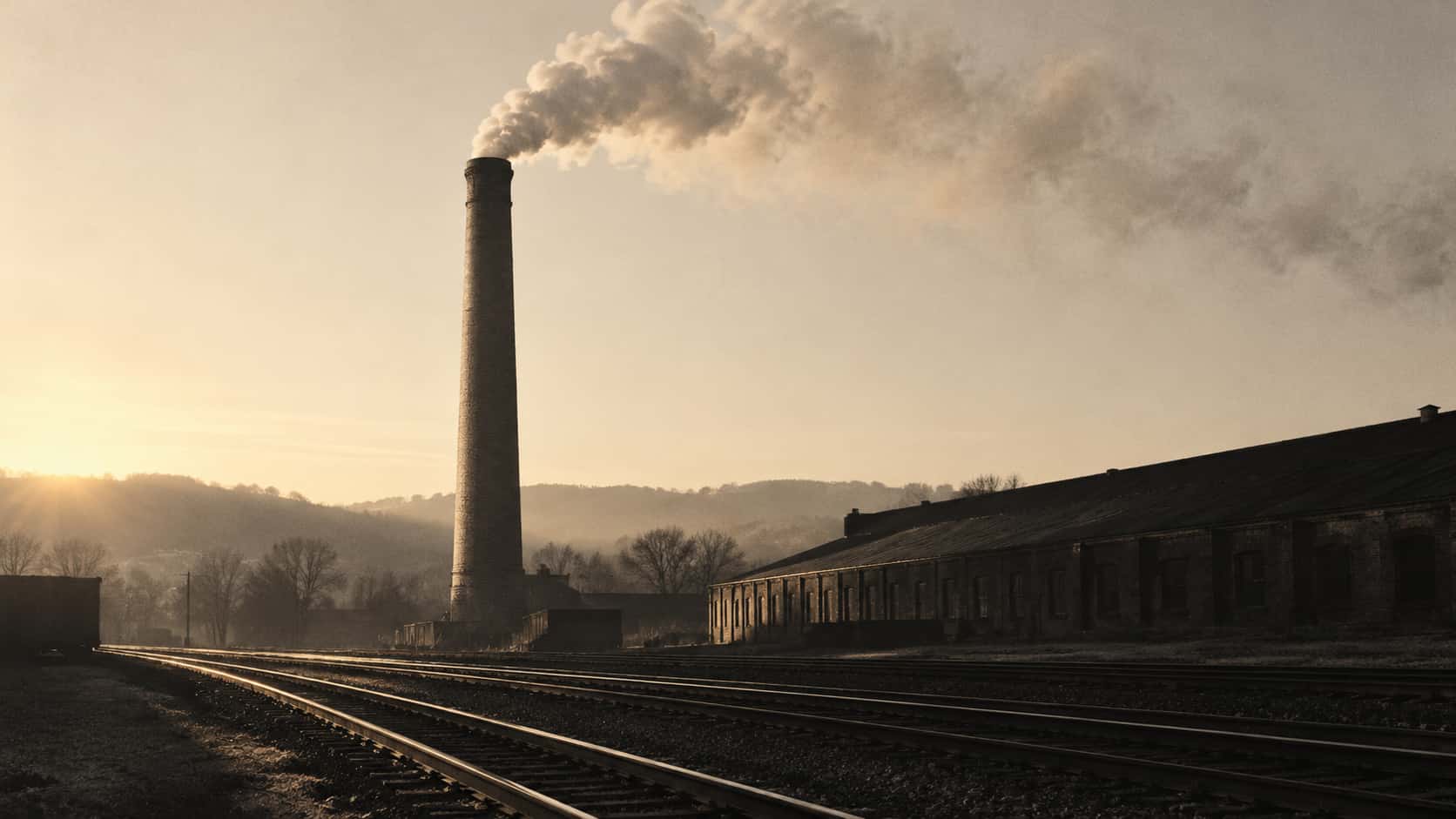 A tall brick industrial smokestack at dawn sends a white plume leaning on the wind above a quiet railway yard in creamy and charcoal grain tones.