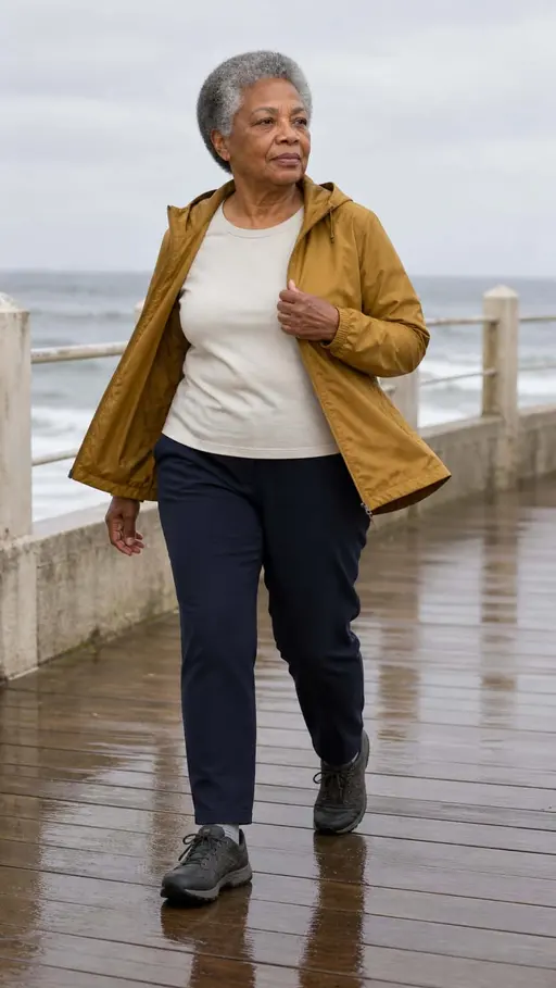A full-body walking scene tests Inez’s sturdy proportions, natural older-adult gait, recognizable face, and short silver hair in wind.