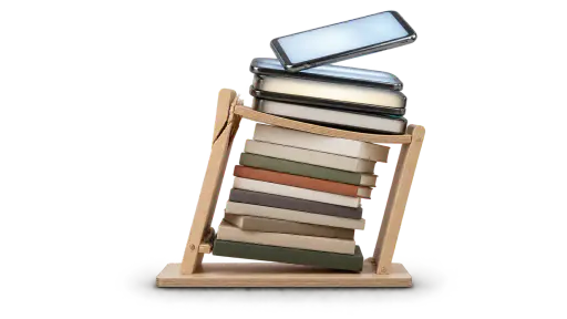 Information overload is a collapsing shelf: a miniature birch desk shelf sags and its bracket splits under a tall pile of blank books and glowing glass screens. The image pictures how accumulating input can exceed the capacity to organize it.