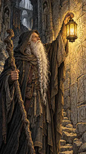 An old mage with a long braided white beard holds up a glowing lantern that casts light on ancient carved runes on a stone wall with a heavy cloak and a gnarled staff.