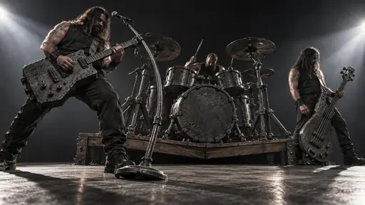 Heavy metal: a low frontal staged photograph of three musicians playing a guitar, bass and drum kit all cast from rough pitted iron, the microphone stand bowed under the guitar's weight and the drum platform sagging in the middle, carved by hard stage sidelights against a plain backdrop.