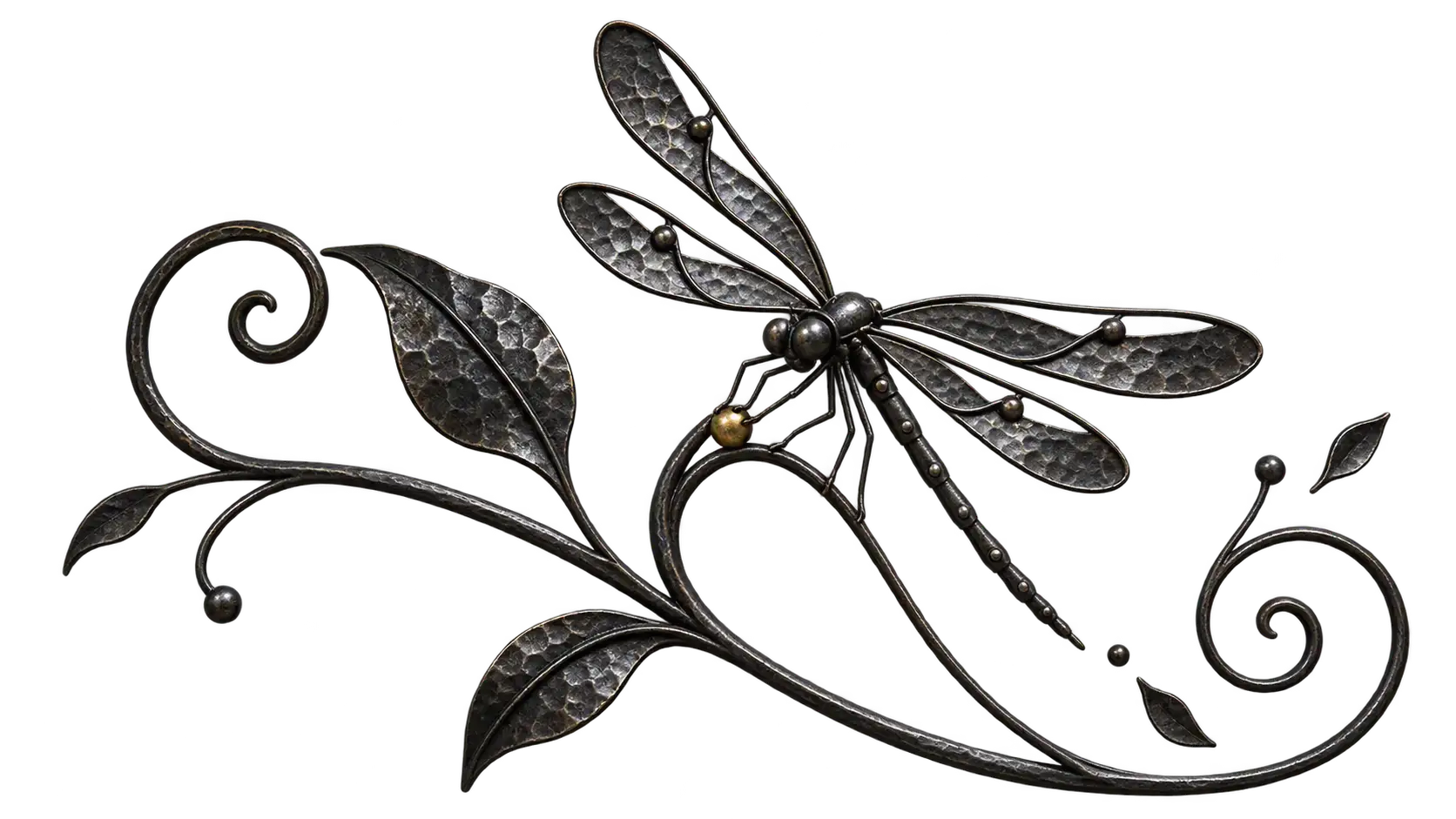 A wrought-iron slice of a dragonfly with hammered metal wings resting on scrolling reeds, its bars ending loose on transparency.