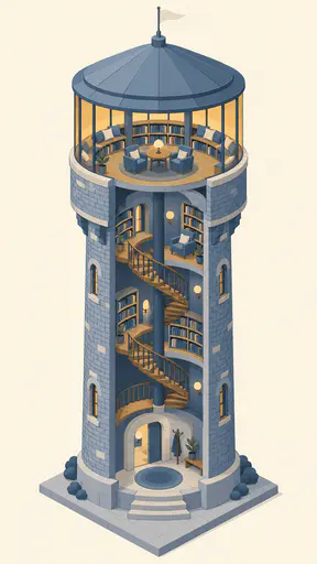 An isometric cutaway of a round blue-gray stone water tower: a glazed circular reading room with shelves and seating at the top, a spiral wooden stair winding down past bookcase landings, and an entrance hall with a round rug and coat stand at the base.