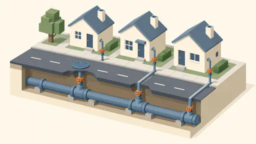 An isometric cutaway block of a street with a blue-gray main pipe underground branching through three orange valve wheels to taps beside three small cream houses with slate roofs, a manhole cover on the road and a cube-shaped tree.