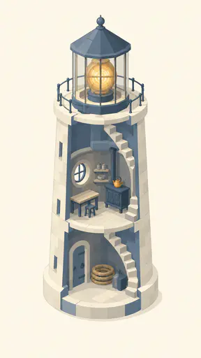 A round lighthouse cut in half down its length: lamp room with a glass lens, kitchen level with a stove and kettle, ground-floor rope store, a stair winding between levels, on a cream field.