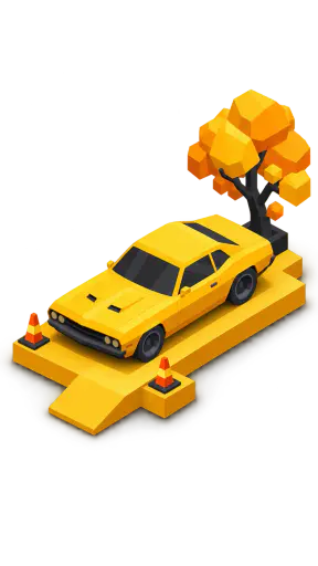 A bright yellow muscle car parked on a small stepped yellow platform with a short ramp, one tree and two cones in isometric block volumes, isolated on a transparent background.