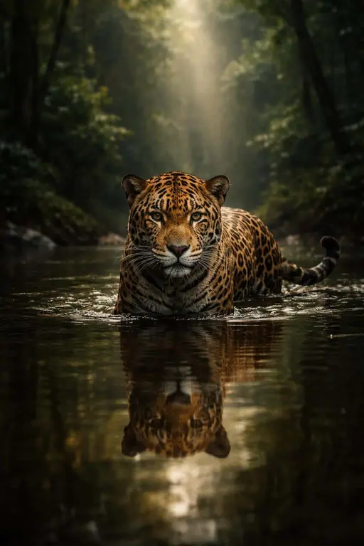 A photorealistic wildlife photograph of a jaguar wading through a rainforest river with soft diffused light and deep reflections, composed for a 2:3 poster-cover format.