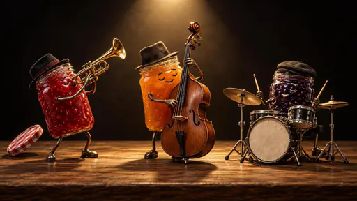 Jam session: Three open jam jars with wire arms playing trumpet, upright bass, and drums as a tiny jazz trio on a wooden stage.