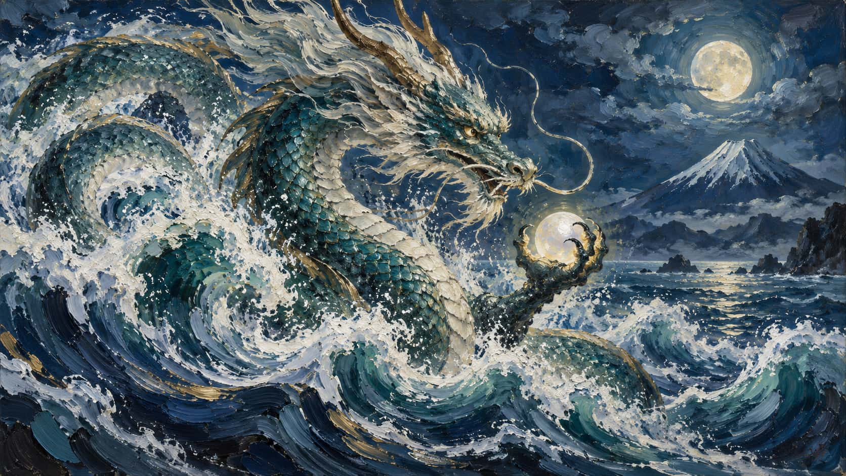 The Japanese dragon god Ryujin with a whiskered head and curved horns coils out of enormous waves holding a glowing tide jewel under a pale moon in sweeping indigo and teal bands.