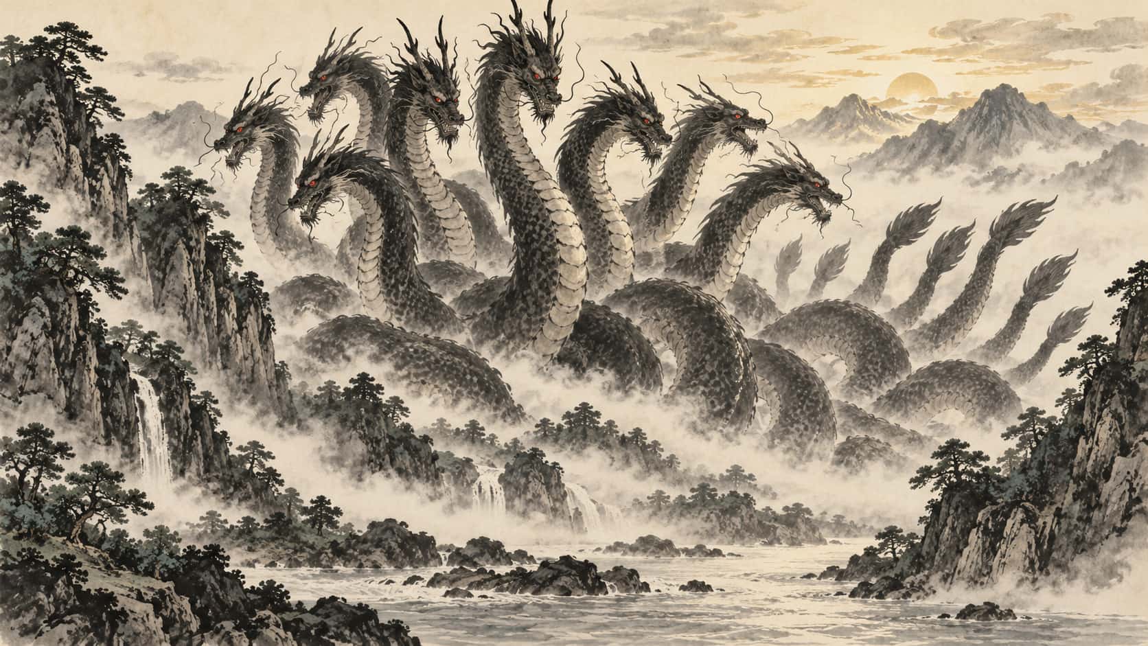 The eight-headed, eight-tailed serpent Yamata no Orochi rears with swaying heads and coiling bodies from a misty river valley between steep pine-covered mountains in ink dabs.