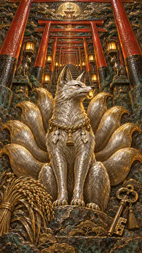 The divine nine-tailed fox Kitsune sits upright with a jewel in its mouth and nine fanned tails before a long avenue of vermilion shrine gates in hammered silver and gold.