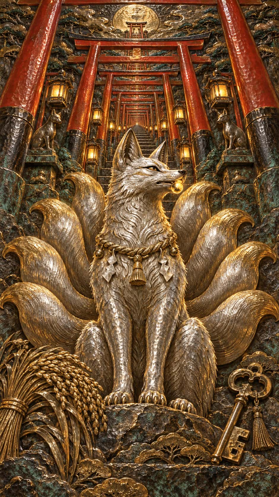The divine nine-tailed fox Kitsune sits upright with a jewel in its mouth and nine fanned tails before a long avenue of vermilion shrine gates in hammered silver and gold.