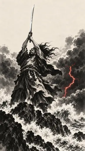 The Shinto storm god Susanoo, a bearded warrior in a belted robe with wind-whipped hair, raises a long sword on a rocky shore under storm cloud and a single red lightning bolt in brush ink.