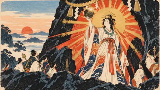 The Shinto sun goddess Amaterasu in layered ceremonial robes holds up a bronze mirror as she emerges from a rocky cave in a vast halo of gold and red rays in woodblock print style.