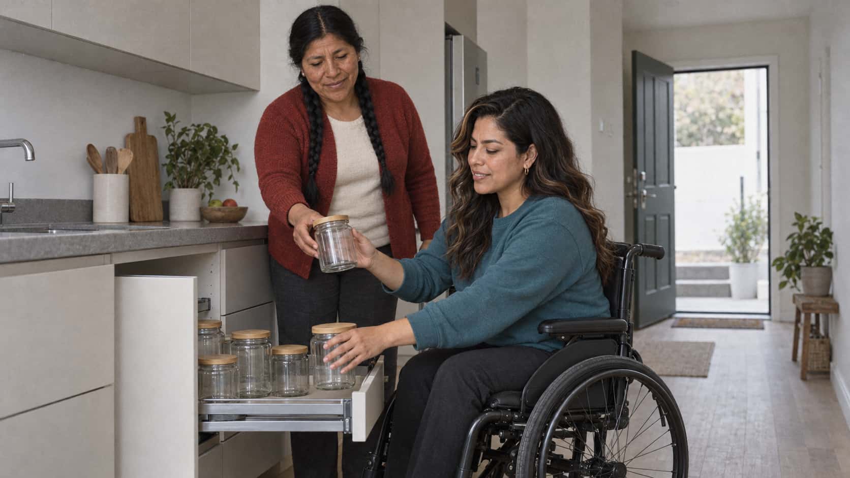 A wheelchair-using woman in her early thirties arranges plain jars along a newly fitted low pull-out kitchen shelf at her height while a sturdy woman in her mid forties with two long black braids stands beside her passing one more plain jar down in clear kitchen light.