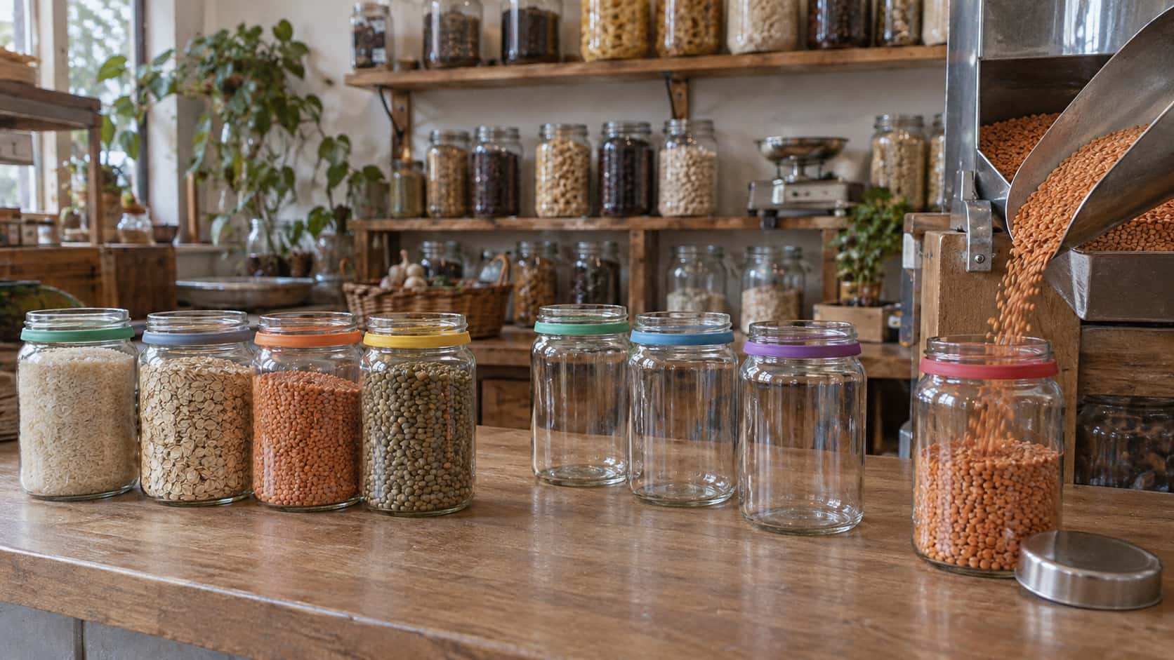 A steel scoop pours dried lentils from a large bulk bin into a clear glass jar with a coloured silicone ring on a shop counter in warm indoor light, a line of filled jars of rice, oats and lentils beside empty jars waiting.