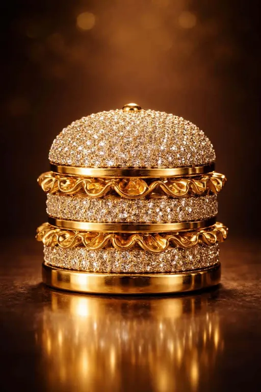 Close-up product photography of a single stacked gold jewel 'burger' with pavé diamonds, warm highlights and shallow depth, cropped for a 2:3 vertical poster-cover composition.