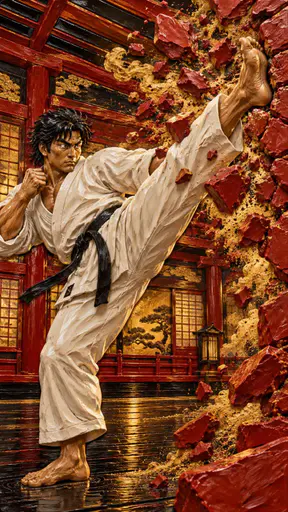 An adult karate master in a white gi with a black belt performs a fierce high kick as bricks smash and fly around him against a calm dojo background with dust in sharp light.