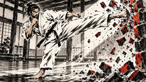 An adult karate master in a white gi with a black belt performs a fierce high kick as bricks smash and fly around him against a calm dojo background with dust in sharp light.