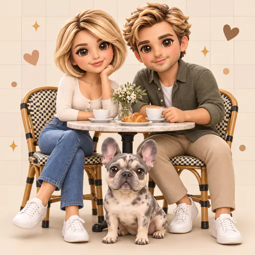 Cartoon toy-style woman, man and French bulldog at a cafe table on a cream tiled wall with heart and sparkle motifs