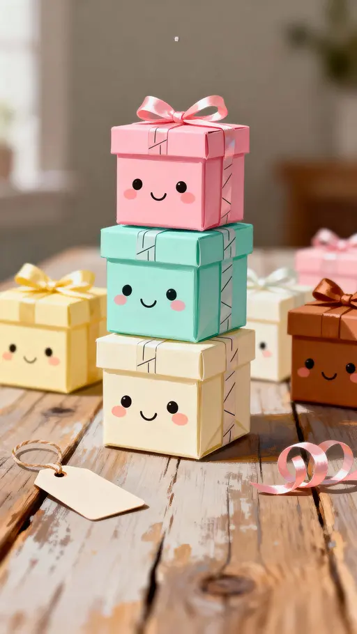 A vertical 9:16 close-up of tiny kawaii gift boxes with cute faces, arranged playfully on a softly lit surface with pastel tones and clean, unlettered packaging for a sweet, cheerful mood.