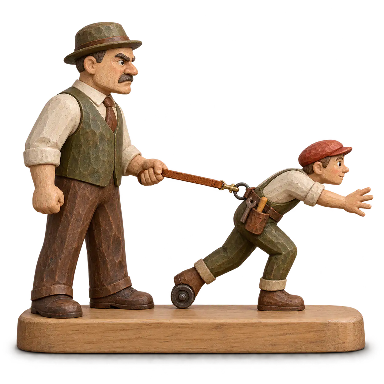 Keeping someone on a short leash: a straining wheeled wooden worker reaches forward while a supervisor behind grips a short leather leash clipped to its tool belt, the taut tether stopping every advance — allowing very little autonomy.