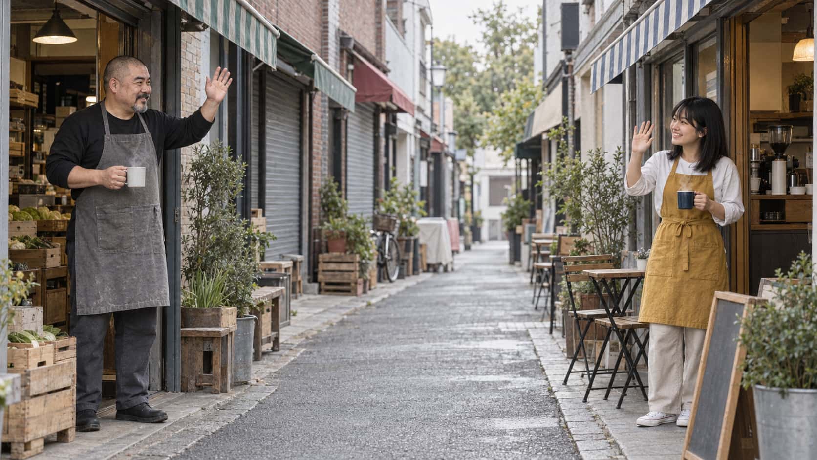 A stocky shopkeeper in a grey apron and a petite cafe owner in a mustard apron stand in their doorways on opposite sides of a narrow brick shopping street holding steaming mugs and waving good morning across the street.