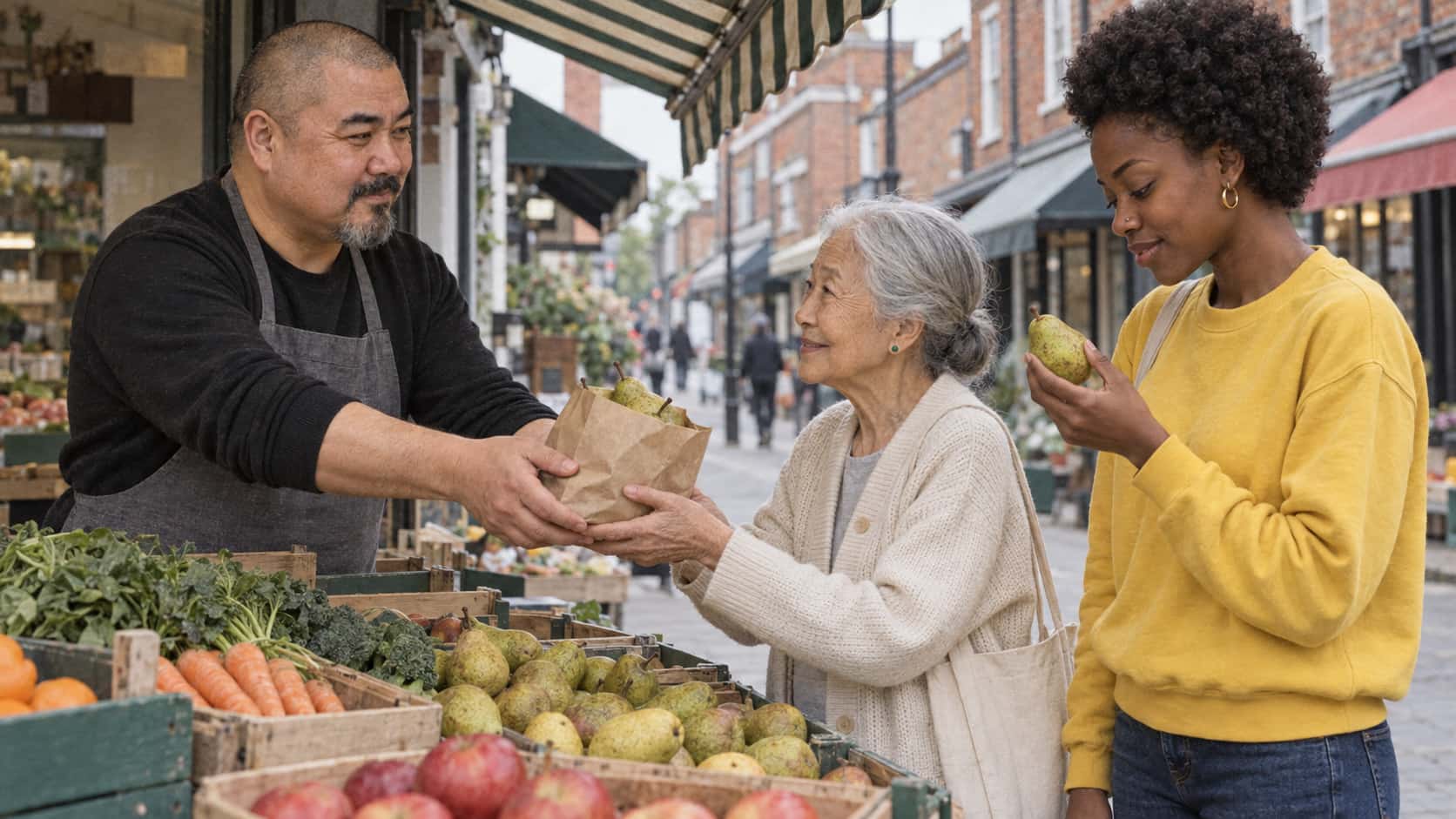 A stocky shopkeeper in a grey apron hands a small paper bag of pears across the counter to a very small elderly woman with a silver bun while a young woman in a yellow sweatshirt holds up a pear beside her at a greengrocer's front counter.
