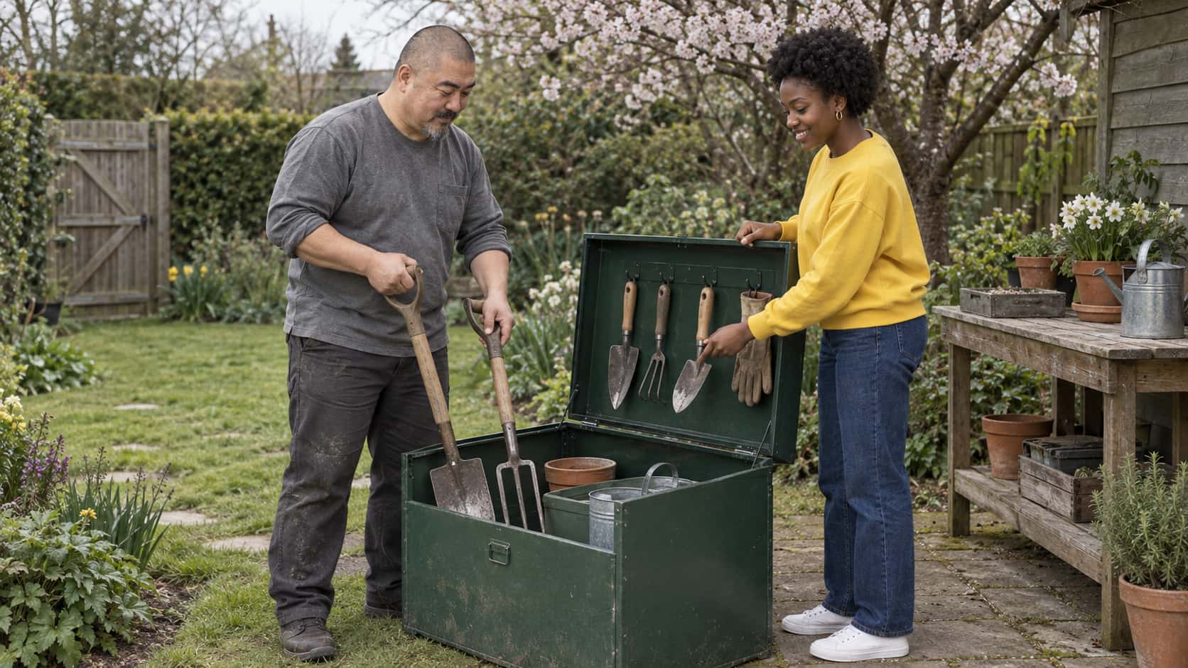 A stocky man with a shaved head in a grey work shirt sets a spade and fork back into an open green tool chest while a young woman with a short natural afro in a yellow sweatshirt lifts a small hand trowel from its hook in soft afternoon light.