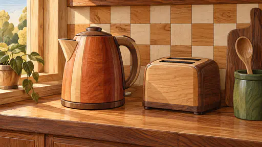 A compact electric kettle and a two-slot toaster stand on a kitchen counter with a wooden spoon in a crock and a tile backsplash in inlaid wood pieces.